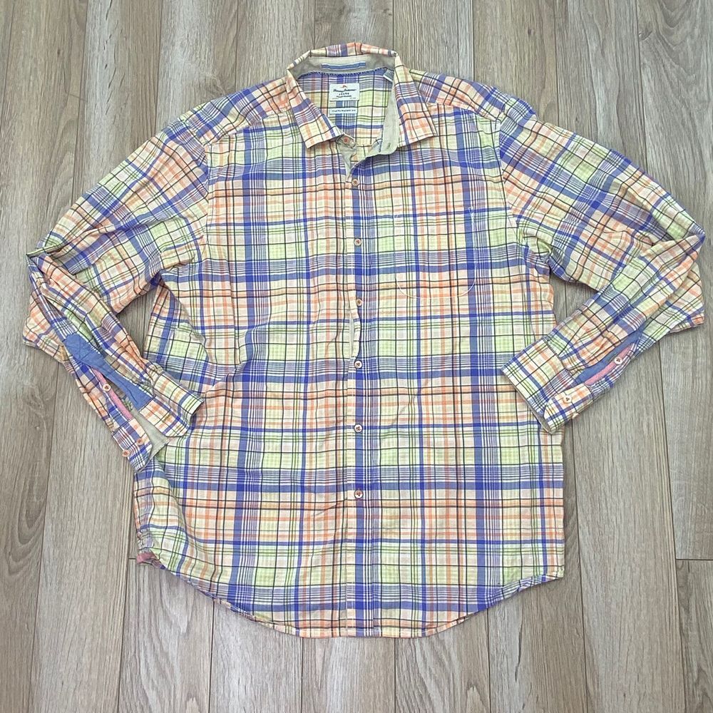 tommy bahama Button Down‎ shirt Mens Large Pink Blue Yellow Plaid Long Sleeve